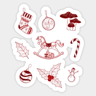 Christmas joyful illustrations of rocking horse, mushrooms, bear, snowman, Christmas stockings, candy cane, holly, gifts on a snow background. Sticker